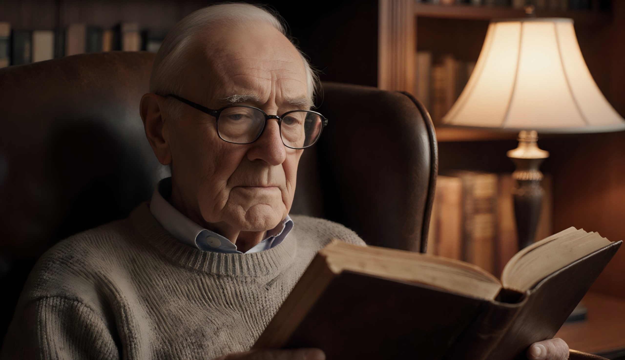 Elderly man reading in study