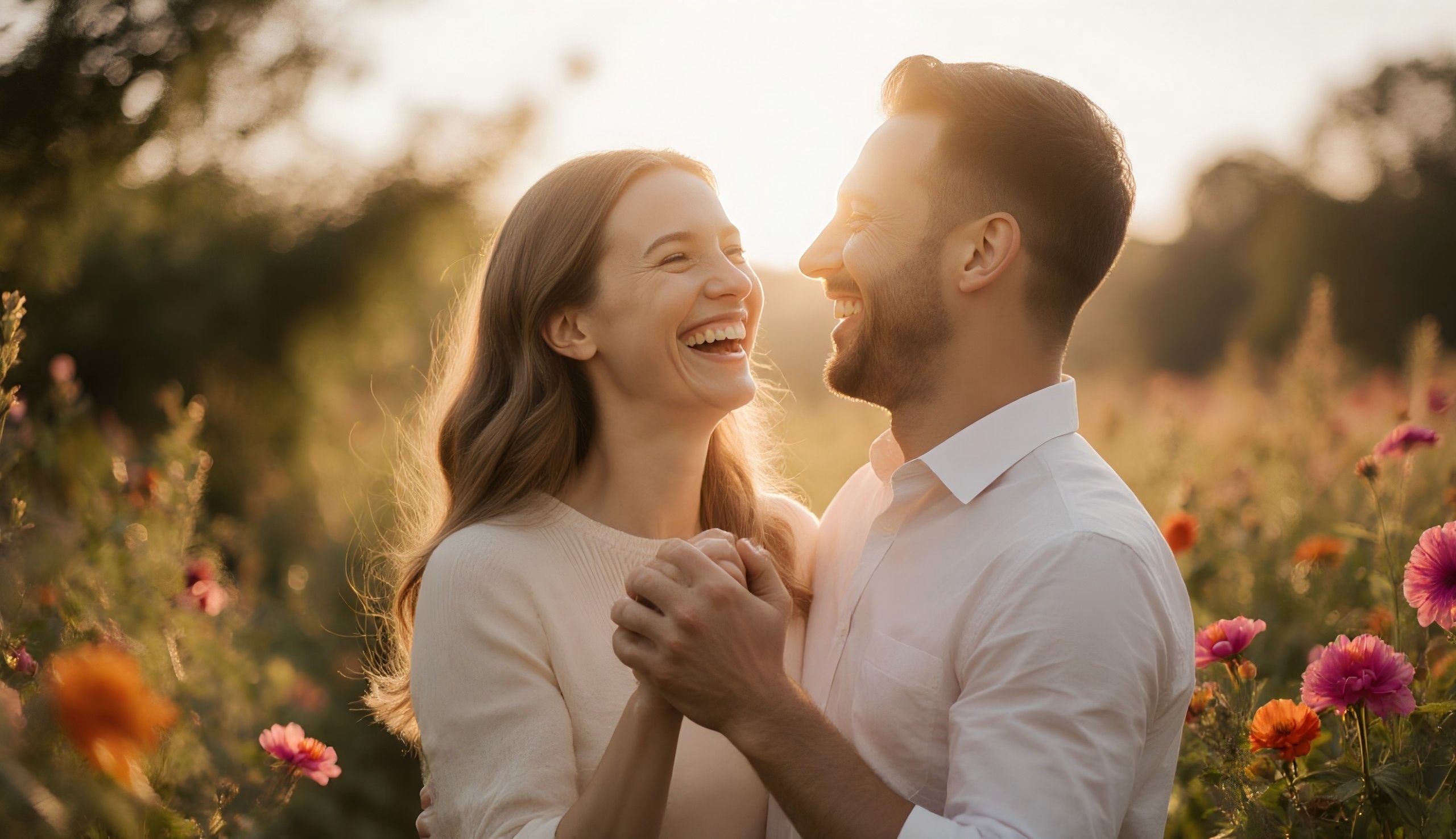Romantic couple in flower field